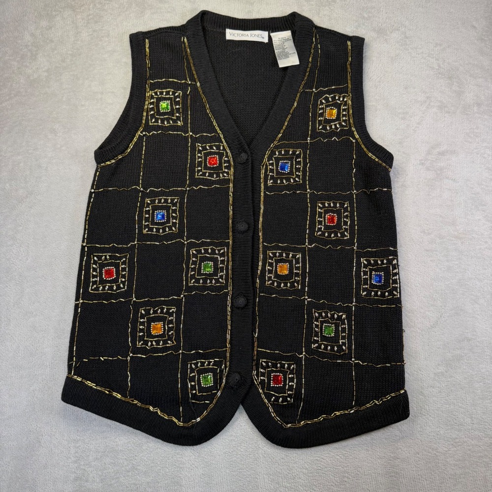 Victoria Jones Black Beaded Knit Sweater Vest Rhinestone Jewel Embellished M